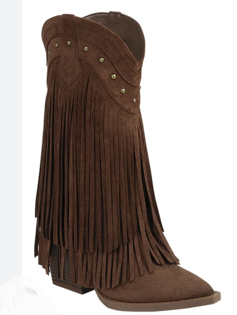 Brown faux suede fringed gold studded midcalf cowgirl cowboy boots size 10‎ new - Picture 3 of 11